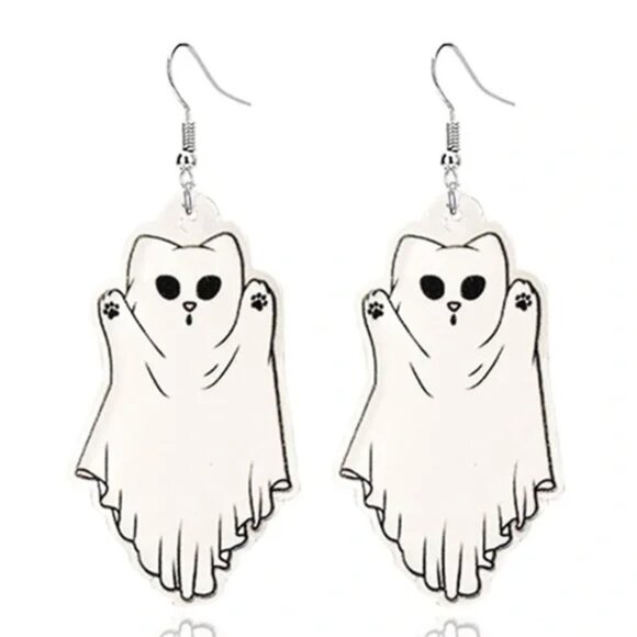 Cute Ghost Cat Earrings – Spooky Halloween Dangle Jewelry - Picture 1 of 3